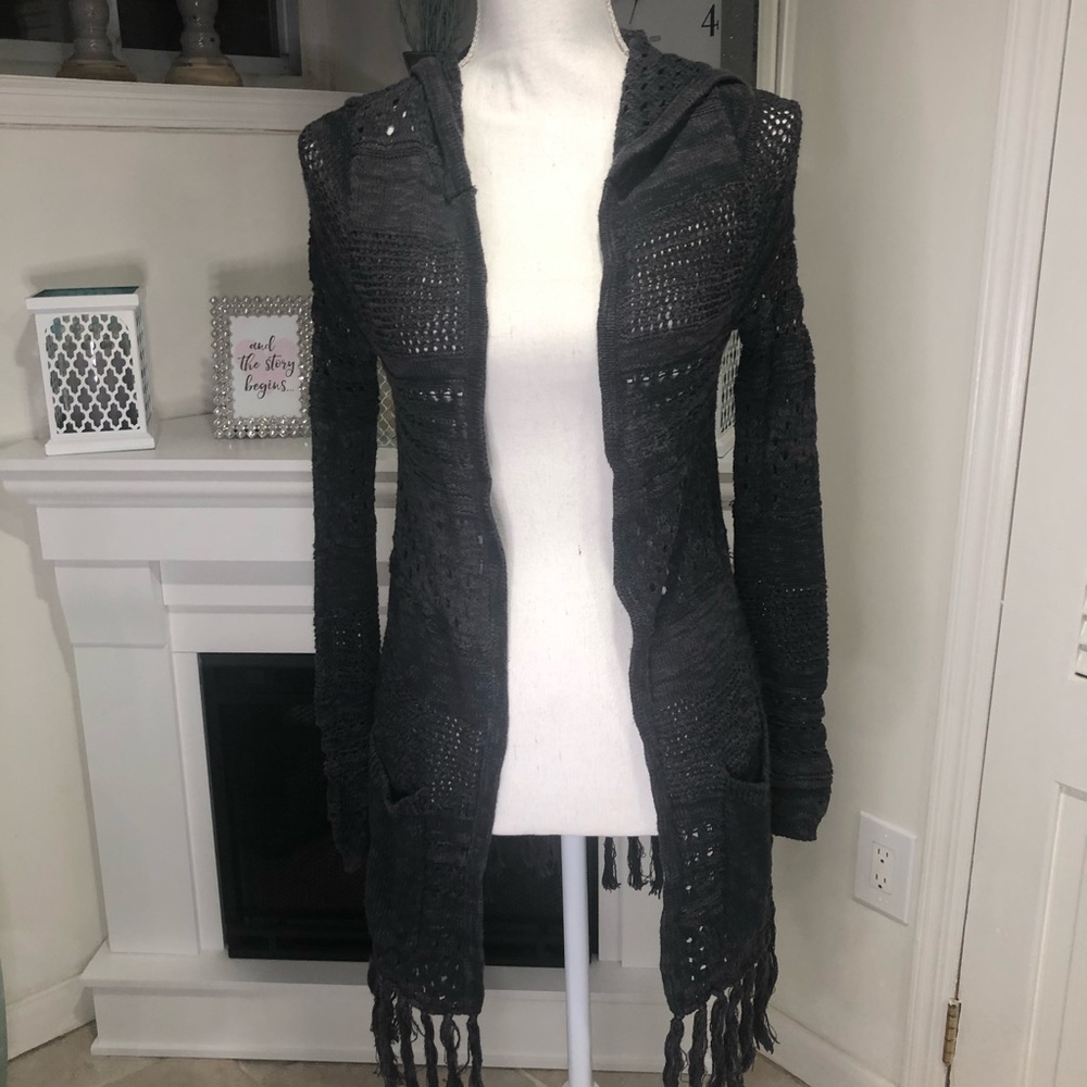 Dark Gray Cardigan with Hood Cotton Size Small